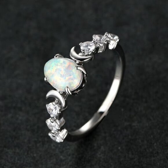 NEW 18k White Gold White Fire Opal Diamond Ring Dainty Moon Ring - Picture 2 of 6